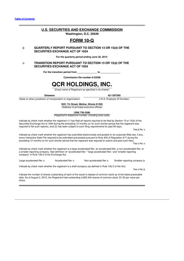 Miniature QCR Holdings
 10-Q Rapport trimestriel  