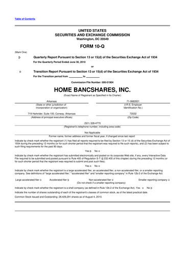 Thumbnail Home BancShares
 10-Q Quarterly Report FY 