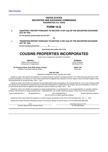 Thumbnail Cousins Properties
 10-Q Quarterly Report FY 