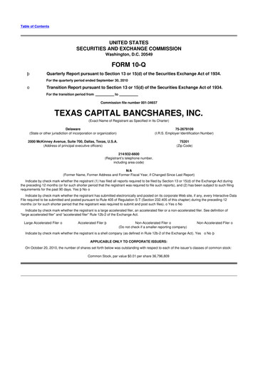Thumbnail Texas Capital Bancshares 10-Q Quarterly Report FY 
