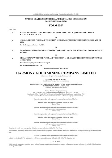 Thumbnail Harmony Gold 20-F Annual Report 