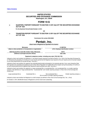 Thumbnail Pentair
 10-Q Quarterly Report FY2010 