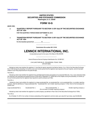 Thumbnail Lennox 10-Q Quarterly Report FY2010 
