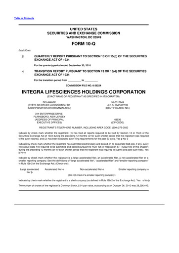 Miniature Integra LifeSciences 10-Q Rapport trimestriel 2010 