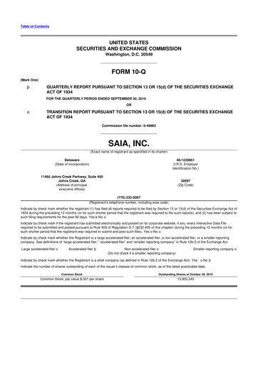 Thumbnail Saia
 10-Q Quarterly Report FY 