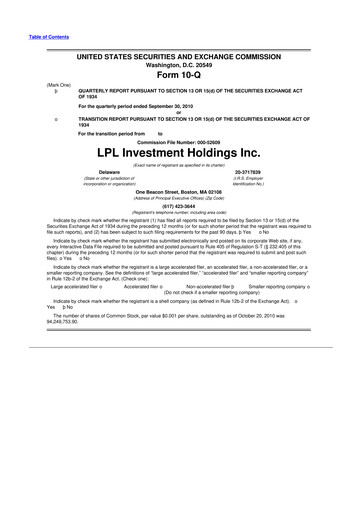 Thumbnail LPL Financial
 10-Q Quarterly Report FY 
