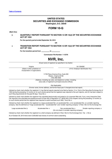 Vorschaubild NVR 10-Q Quartalsbericht 2010 