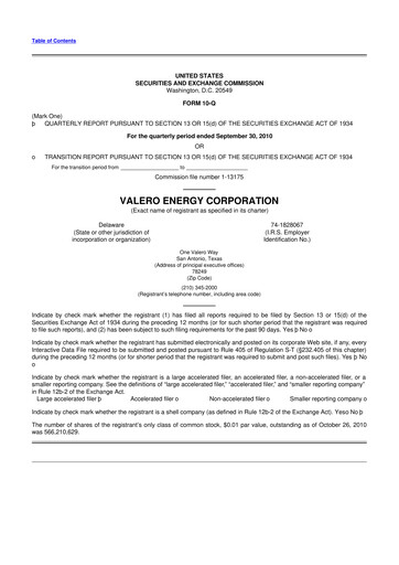Thumbnail Valero Energy 10-Q Quarterly Report FY2010 