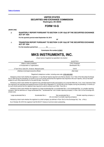 Thumbnail MKS Instruments 10-Q Quarterly Report FY2010 