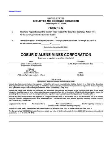 Thumbnail Coeur Mining
 10-Q Quarterly Report FY2010 