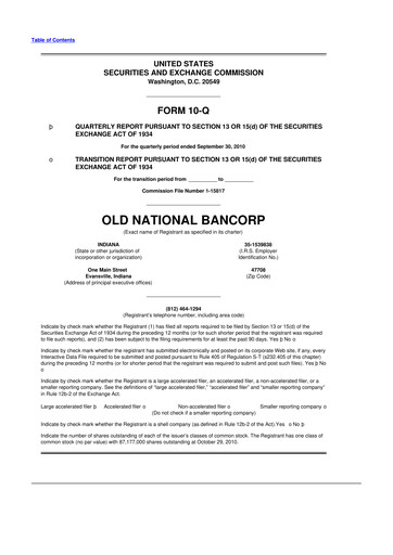 Miniature Old National Bank
 10-Q Rapport trimestriel  