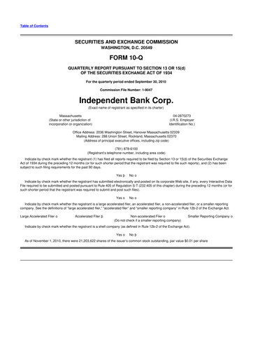 Thumbnail Independent Bank Corp. 10-Q Quarterly Report FY 