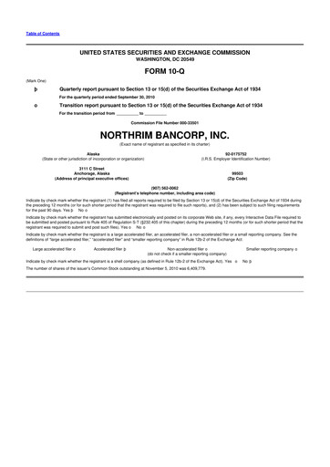 Thumbnail Northrim BanCorp 10-Q Quarterly Report FY 