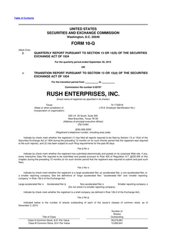 Thumbnail Rush Enterprises
 10-Q Quarterly Report FY 