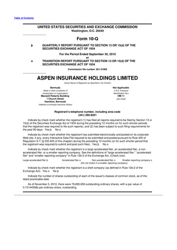 Thumbnail Aspen Insurance 10-Q Quarterly Report FY2010 