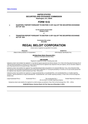 Thumbnail Regal Rexnord 10-Q Quarterly Report FY2010 