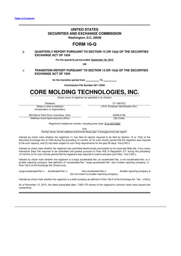 Thumbnail Core Molding Technologies 10-Q Quarterly Report FY 