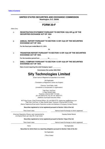 Thumbnail Sify Technologies 
 20-F Annual Report 