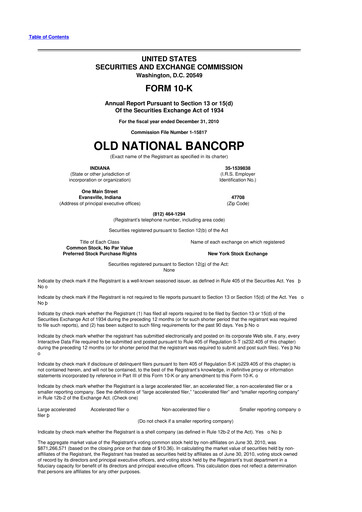 Miniature Old National Bank
 10-K Rapport annuel 