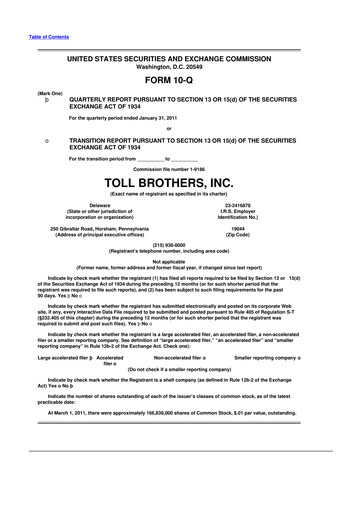 Thumbnail Toll Brothers
 10-Q Quarterly Report FY2011 