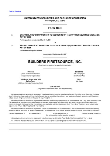 Thumbnail Builders FirstSource
 10-Q Quarterly Report FY 