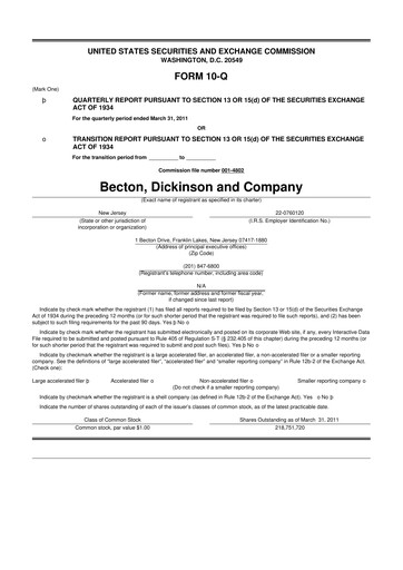 Thumbnail Becton Dickinson 10-Q Quarterly Report FY2011 