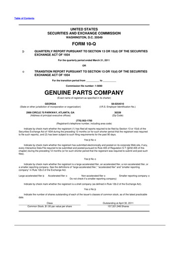 Thumbnail Genuine Parts Company
 10-Q Quarterly Report FY2011 