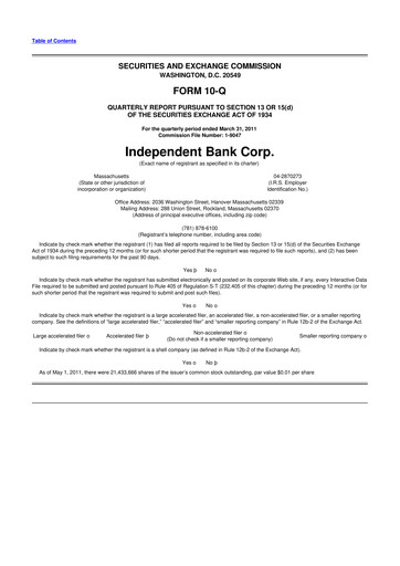 Thumbnail Independent Bank Corp. 10-Q Quarterly Report FY 