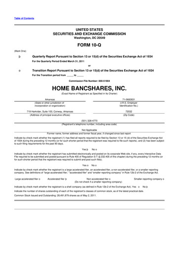 Thumbnail Home BancShares
 10-Q Quarterly Report FY 