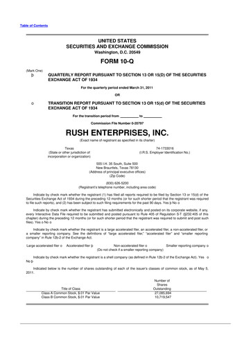 Thumbnail Rush Enterprises
 10-Q Quarterly Report FY 