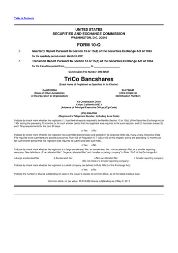 Thumbnail TriCo Bancshares 10-Q Quarterly Report FY 