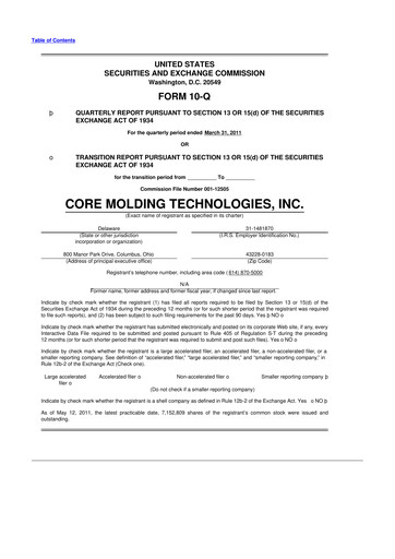 Thumbnail Core Molding Technologies 10-Q Quarterly Report FY 