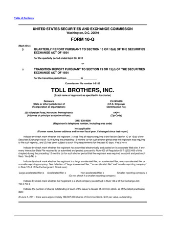 Thumbnail Toll Brothers
 10-Q Quarterly Report FY2011 