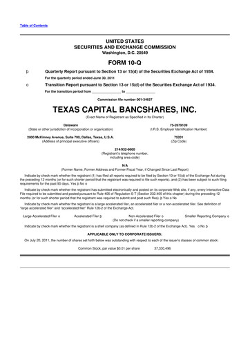 Thumbnail Texas Capital Bancshares 10-Q Quarterly Report FY2011 