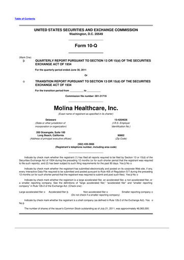 Thumbnail Molina Healthcare
 10-Q Quarterly Report FY2011 