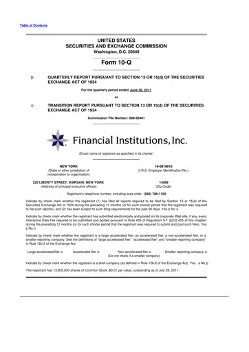 Thumbnail Financial Institutions 10-Q Quarterly Report FY 
