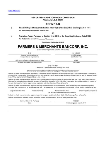 Thumbnail Farmers & Merchants Bancorp 10-Q Quarterly Report FY2011 