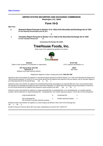 Miniature TreeHouse Foods
 10-Q Rapport trimestriel 2011 