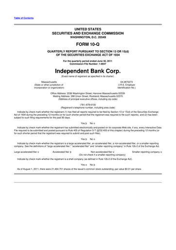Thumbnail Independent Bank Corp. 10-Q Quarterly Report FY2011 