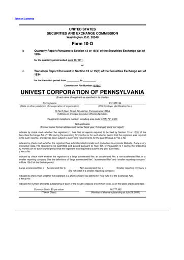 Vorschaubild Univest Financial Corporation 10-Q Quartalsbericht 2011 