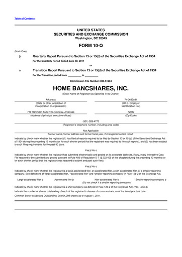Thumbnail Home BancShares
 10-Q Quarterly Report FY2011 