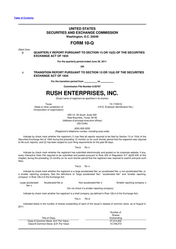 Thumbnail Rush Enterprises
 10-Q Quarterly Report FY2011 
