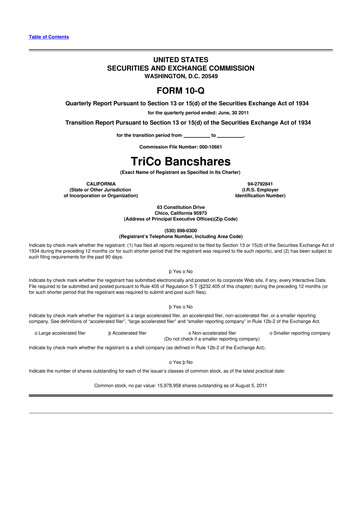 Thumbnail TriCo Bancshares 10-Q Quarterly Report FY2011 