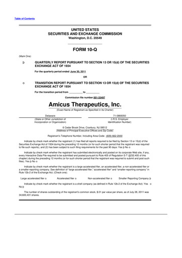 Thumbnail Amicus Therapeutics
 10-Q Quarterly Report FY2011 