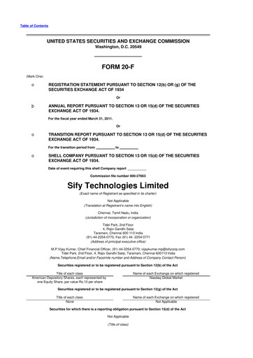 Thumbnail Sify Technologies 
 20-F Annual Report 