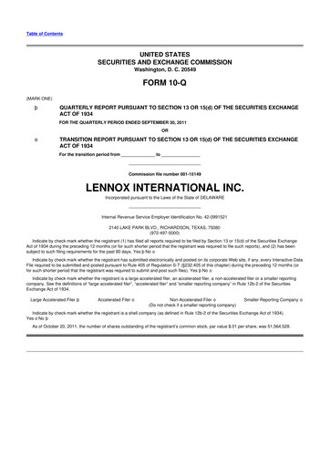 Thumbnail Lennox 10-Q Quarterly Report FY2011 