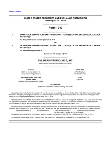 Thumbnail Builders FirstSource
 10-Q Quarterly Report FY2011 