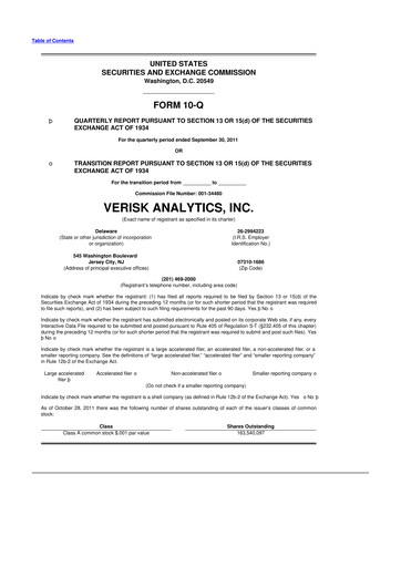 Thumbnail Verisk Analytics 10-Q Quarterly Report FY2011 