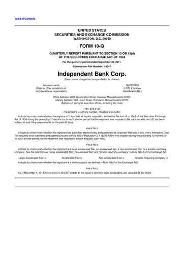 Thumbnail Independent Bank Corp. 10-Q Quarterly Report FY2011 