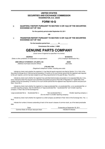 Thumbnail Genuine Parts Company
 10-Q Quarterly Report FY2011 
